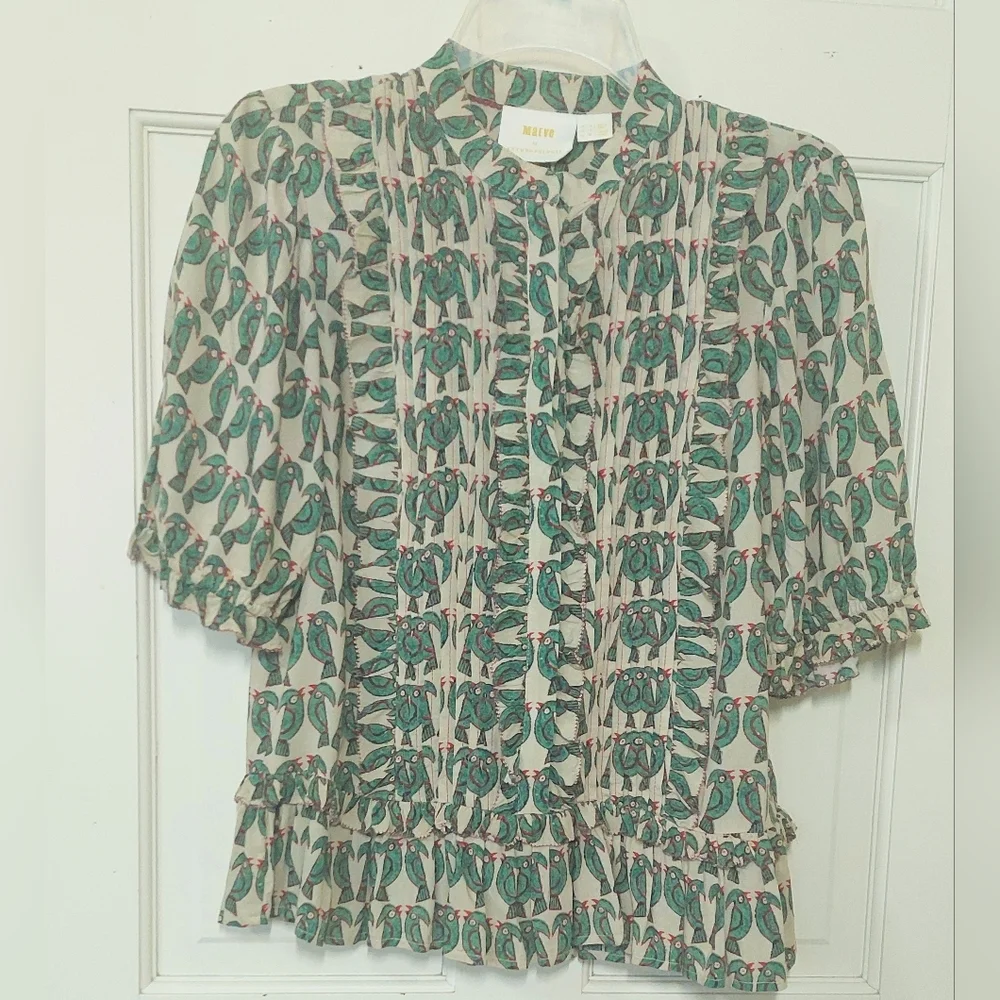 NWOT Anthropologie Maeve Parrot Ruffled Pleated Puff Sleeve Peplum Top, Size S - Picture 5 of 11